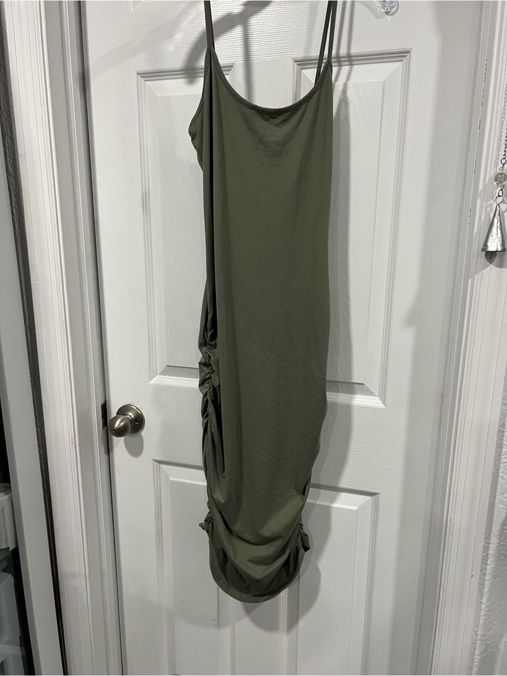 Ruched Olive Midi Slip Dress with Spaghetti Straps